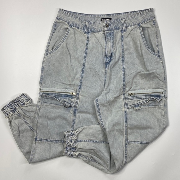 Hot Topic Womens Light Blue Washed Cargo Cuffed Jogger Denim Jeans Size 15 - Picture 1 of 14